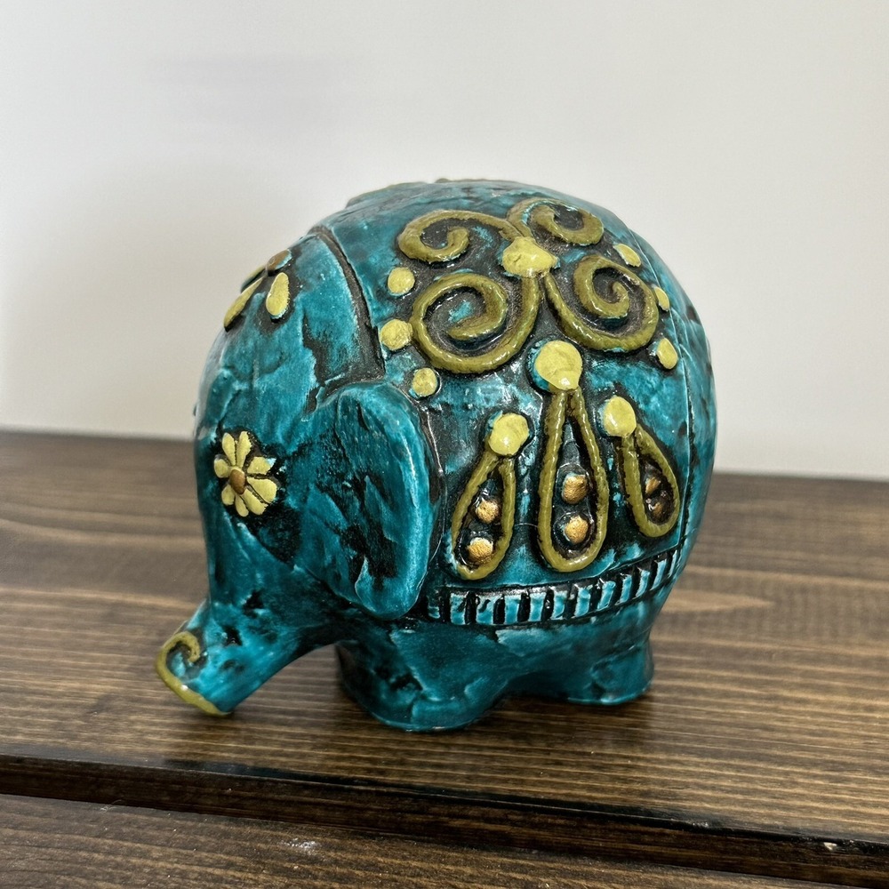 Vintage Fitz Floyd Elephant Figurine Teal Gold Boho MCM Decor Gift Japan Art